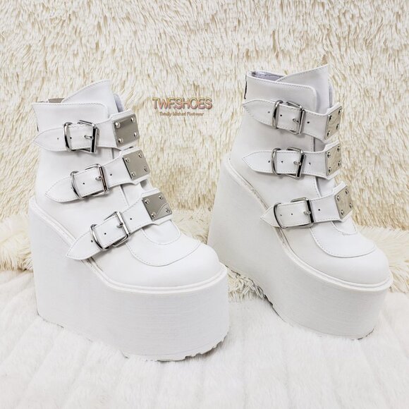 White Platform Wedge Goth Punk Ankle Boots Swing